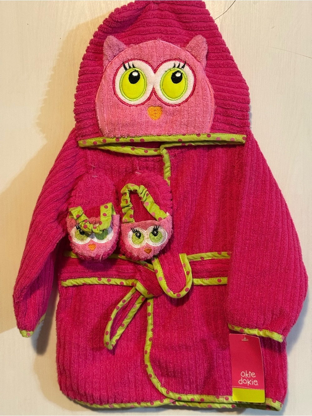 Pink Owl Bright Pink Hooded Kids Robe with Green Trim and Owl Mitts - Pink Owl